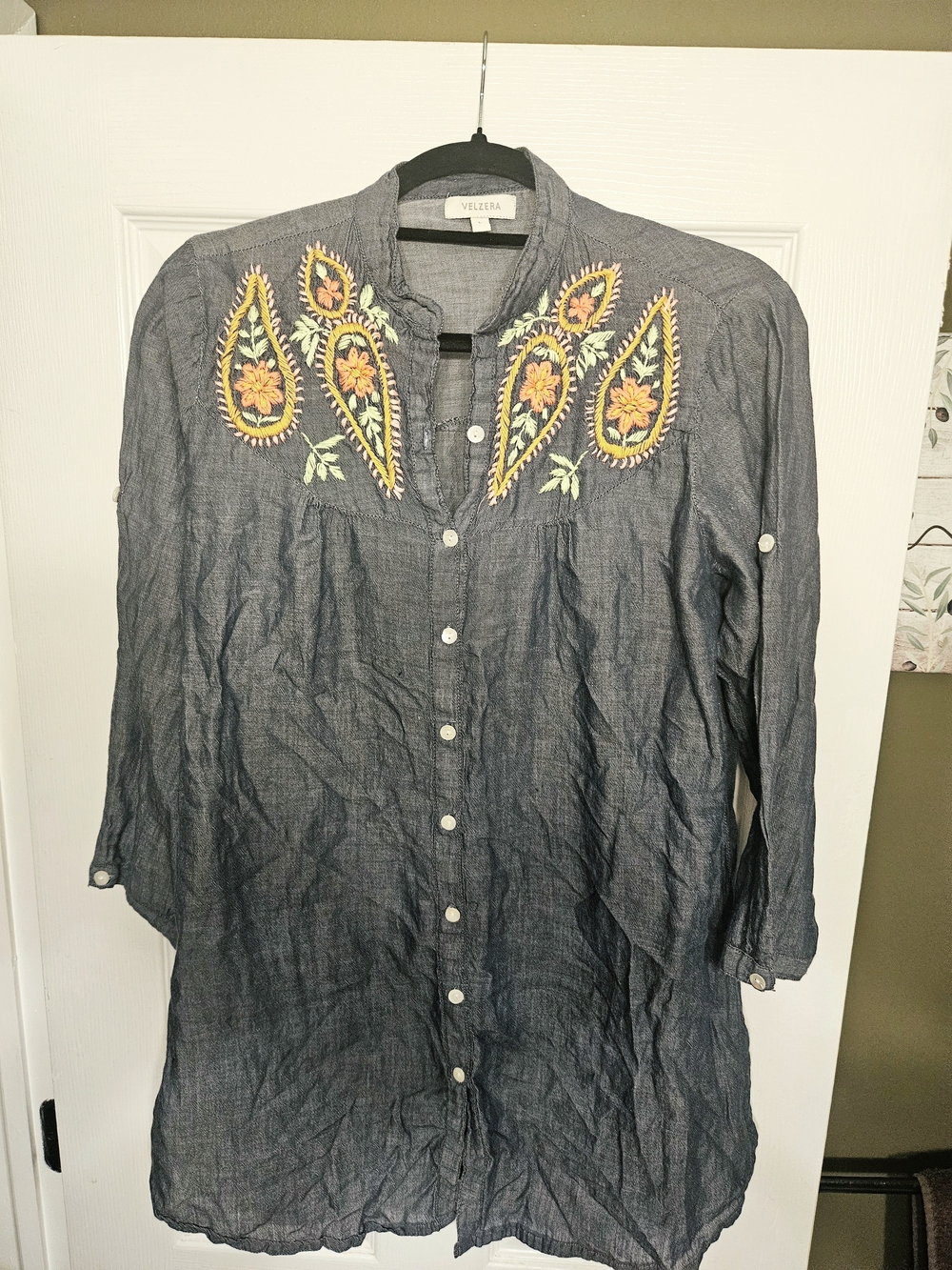 Dark Blue Linen Top With Embroidery